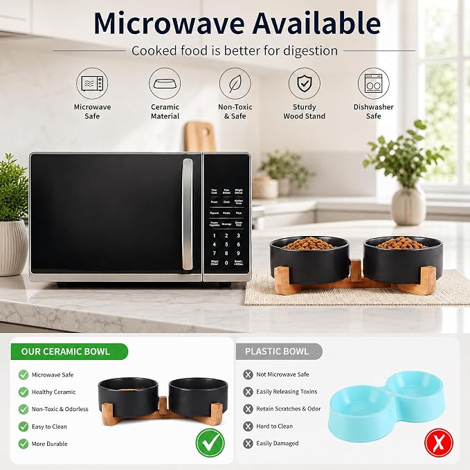 Petygooing Dog Bowls,Black Ceramic Cat Dog Bowl Set with Wood Stand for Pet Food and Water,Non-Slip Cute Modern Pet Dish Set for Cats Small and Medium Dogs (28OZ/6.1 in)