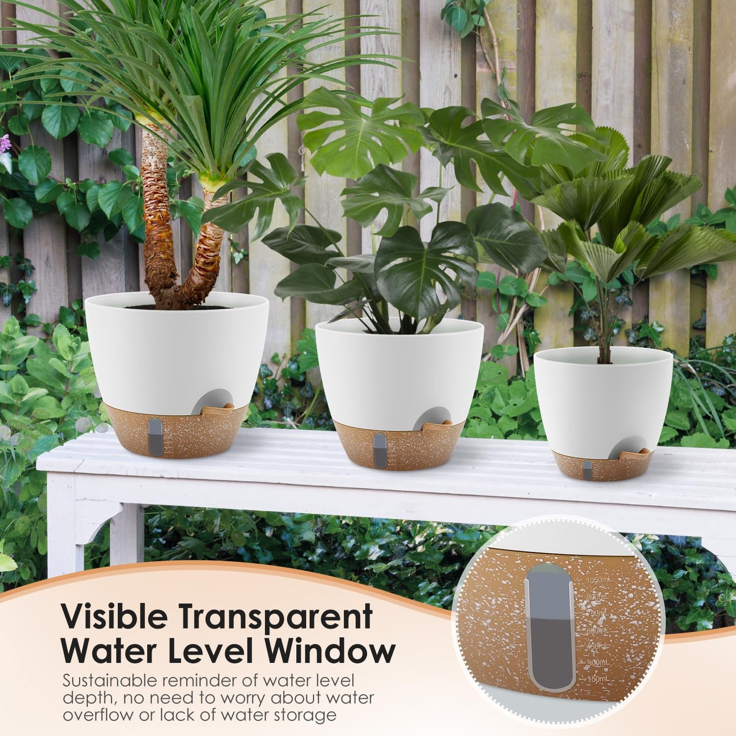 QRRICA 12/10/9 Inch Self-Watering Plant Pots with Water Level Indicator, Drainage Holes & Saucers – Large Plastic Planter Set for Indoor & Outdoor Plants (White)