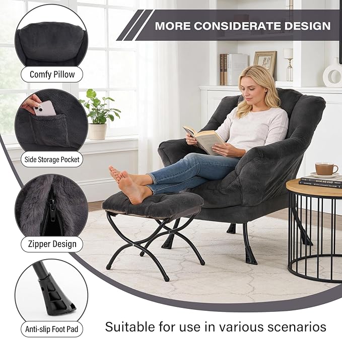 MBOOYOME Lazy Chair with Folding Ottoman, Modern Accent Lounge Armchair with