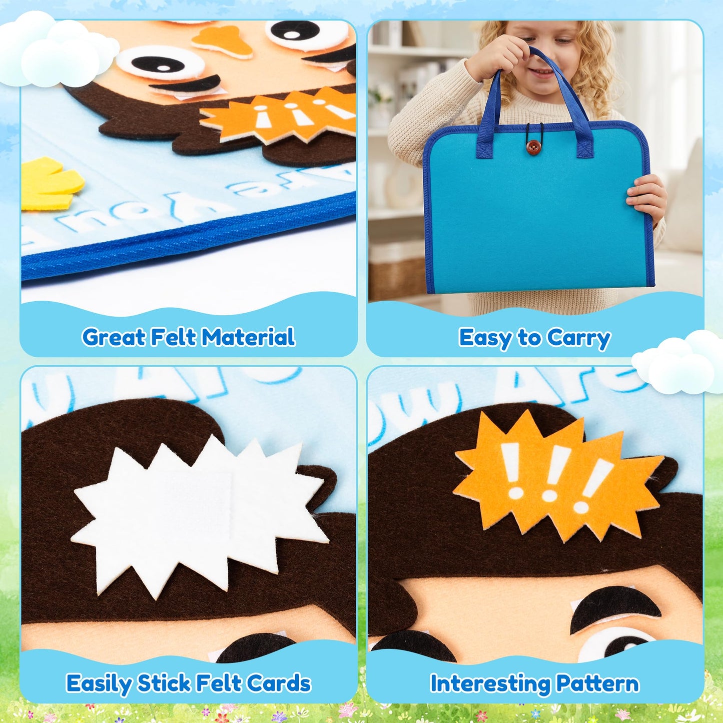WATINC Travel Felt Board Story Set - Portable Felt Board Educational Birthday Gift for Boys Girls, Themed Storytelling Preschool Early Learning Interactive Play Kit for Toddlers (Emotional)