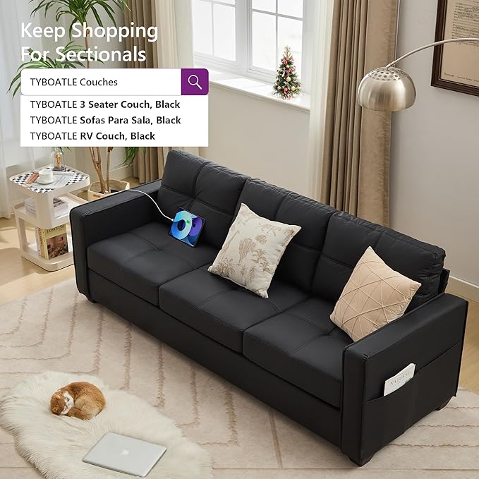 TYBOATLE 88" W Faux Leather Couches w/USB, Tufted Mid-Century Modern Comfy