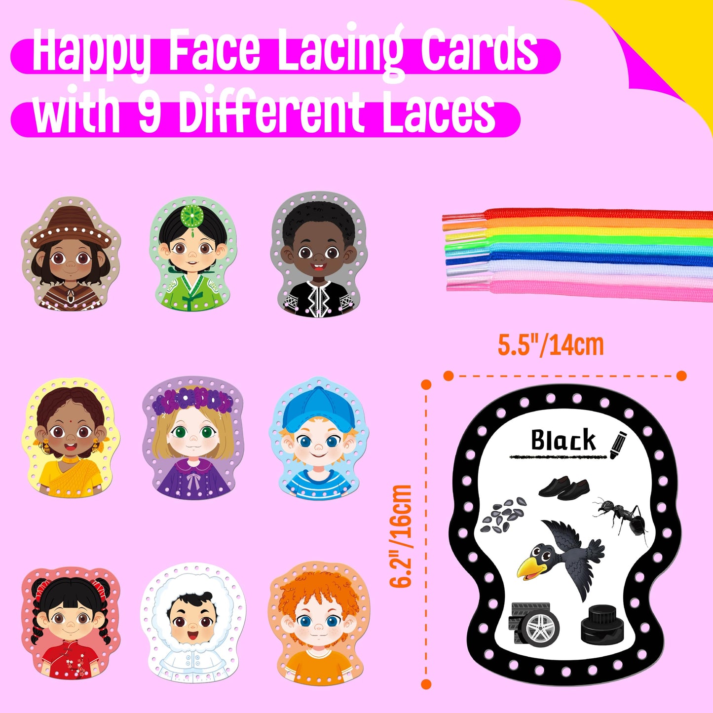 SpriteGru 9 Pieces Happy Face Lacing Cards, 9 Double Sided Color Sewing Cards with 9 Colorful Laces, Educational & Learning Activity Games, Imagination Development Lacing Toys for Preschoolers, Kids