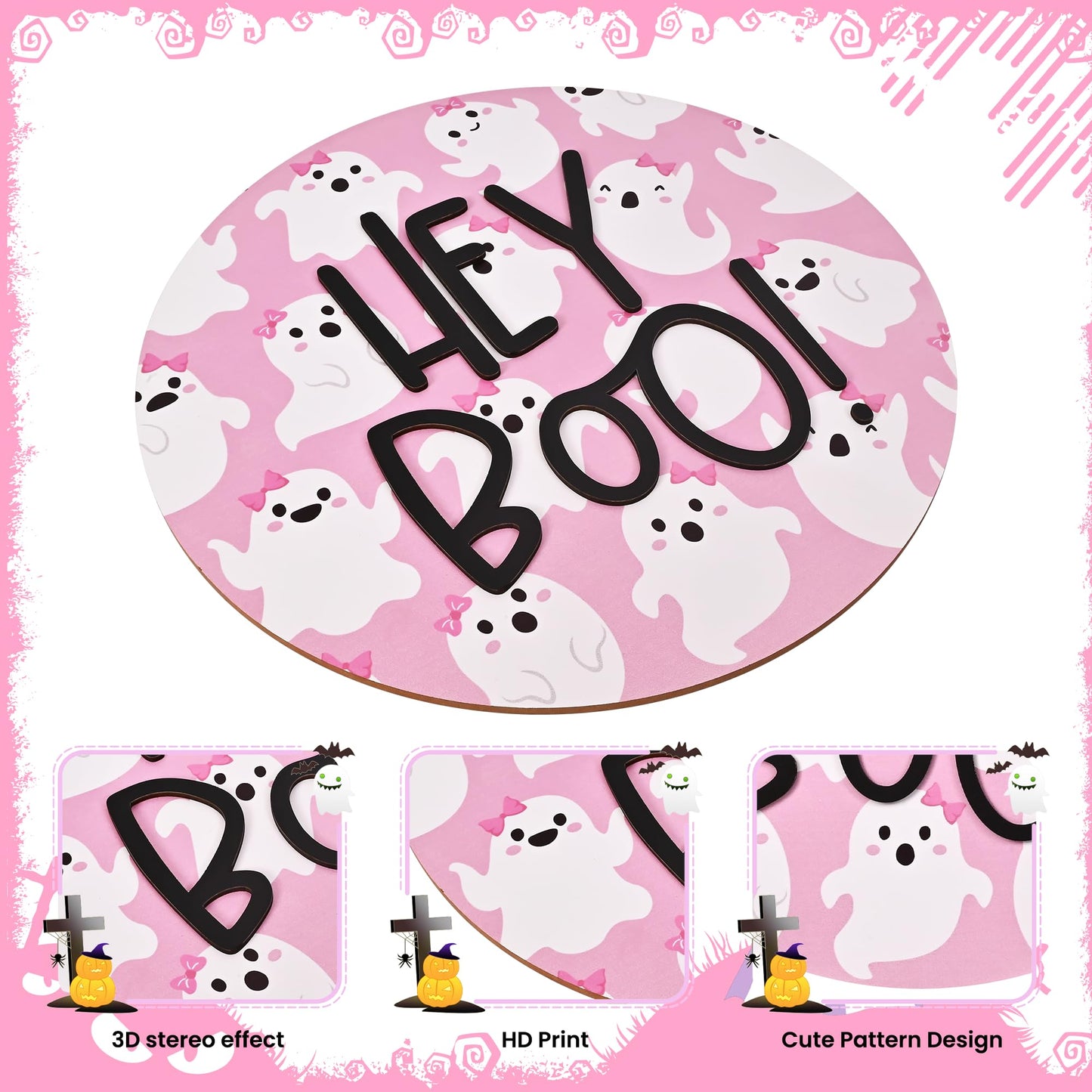 Frugtfrit Pink Halloween Hey Boo Door Decor, 3D Pink Ghost Wood Welcome Sign for Front Porch, Halloween Wreath for Little Boo Baby Shower, Playhouse