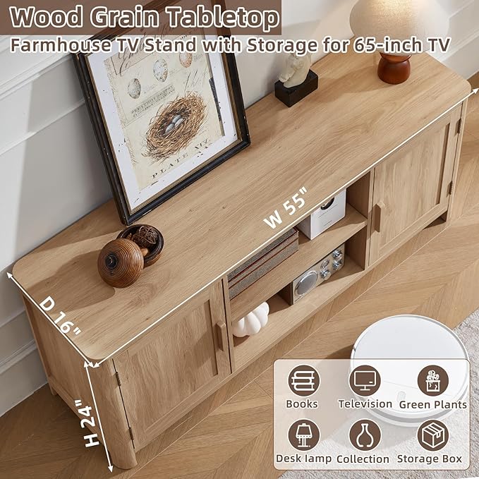 Joaxswe Farmhouse 55" Entertainment Center, Natural Oak Tv Stand