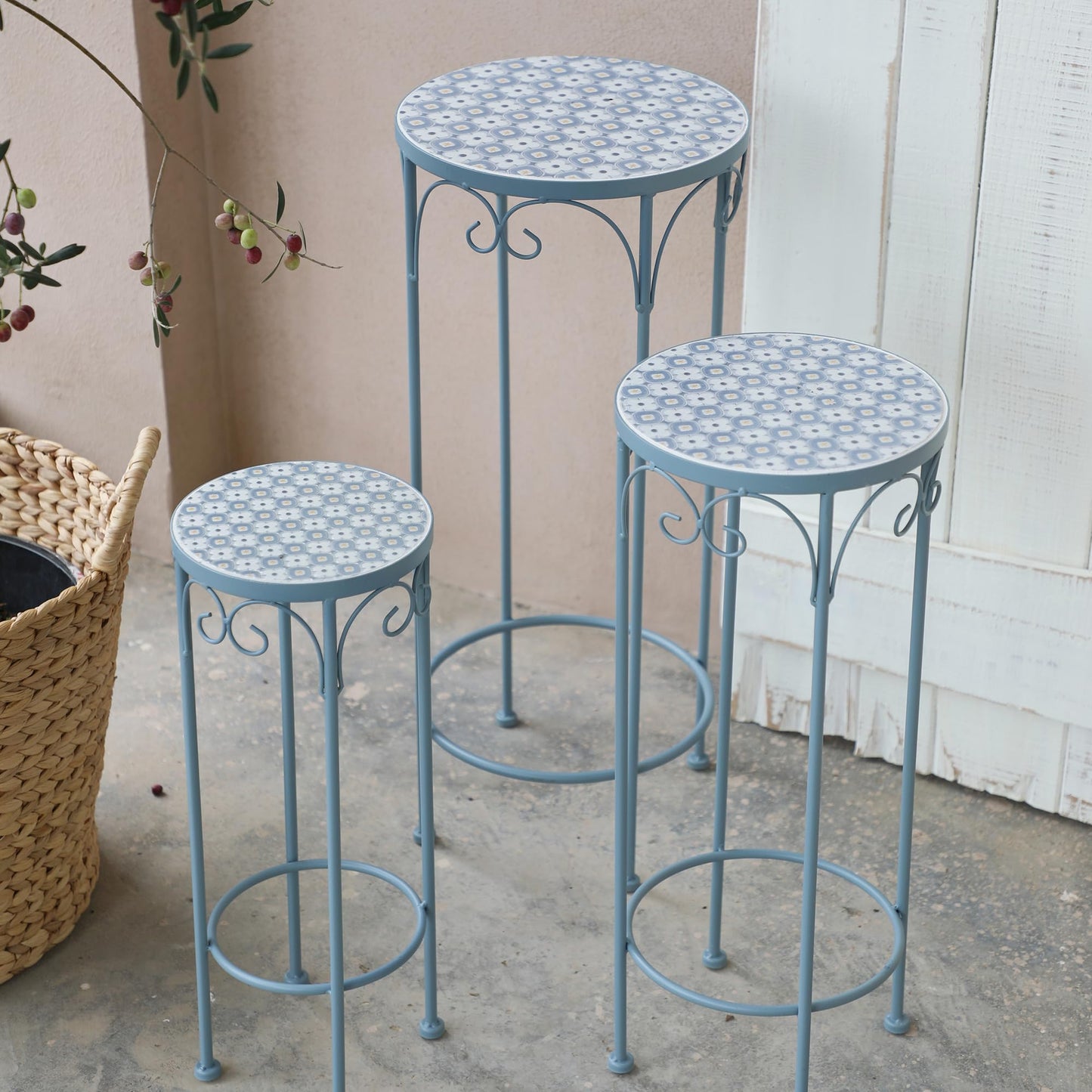 Metal Plant Stand Set of 3 Round Ceramic Top 28" Tall Mosaic Flower Stand Tile Nesting Display Side Table Indoor Outdoor Plant Rack Flower Holder for Wedding Party Patio Living Room Frame Stackable Garden Accessory Decorative Blue