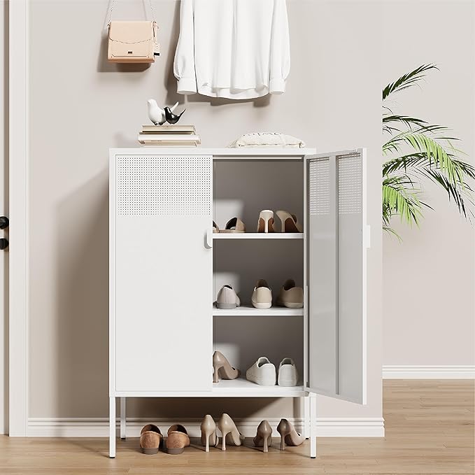 Metal Storage Cabinet, 2 Door TV Stand, Metal Mesh Accent Cabinet, Magnetic