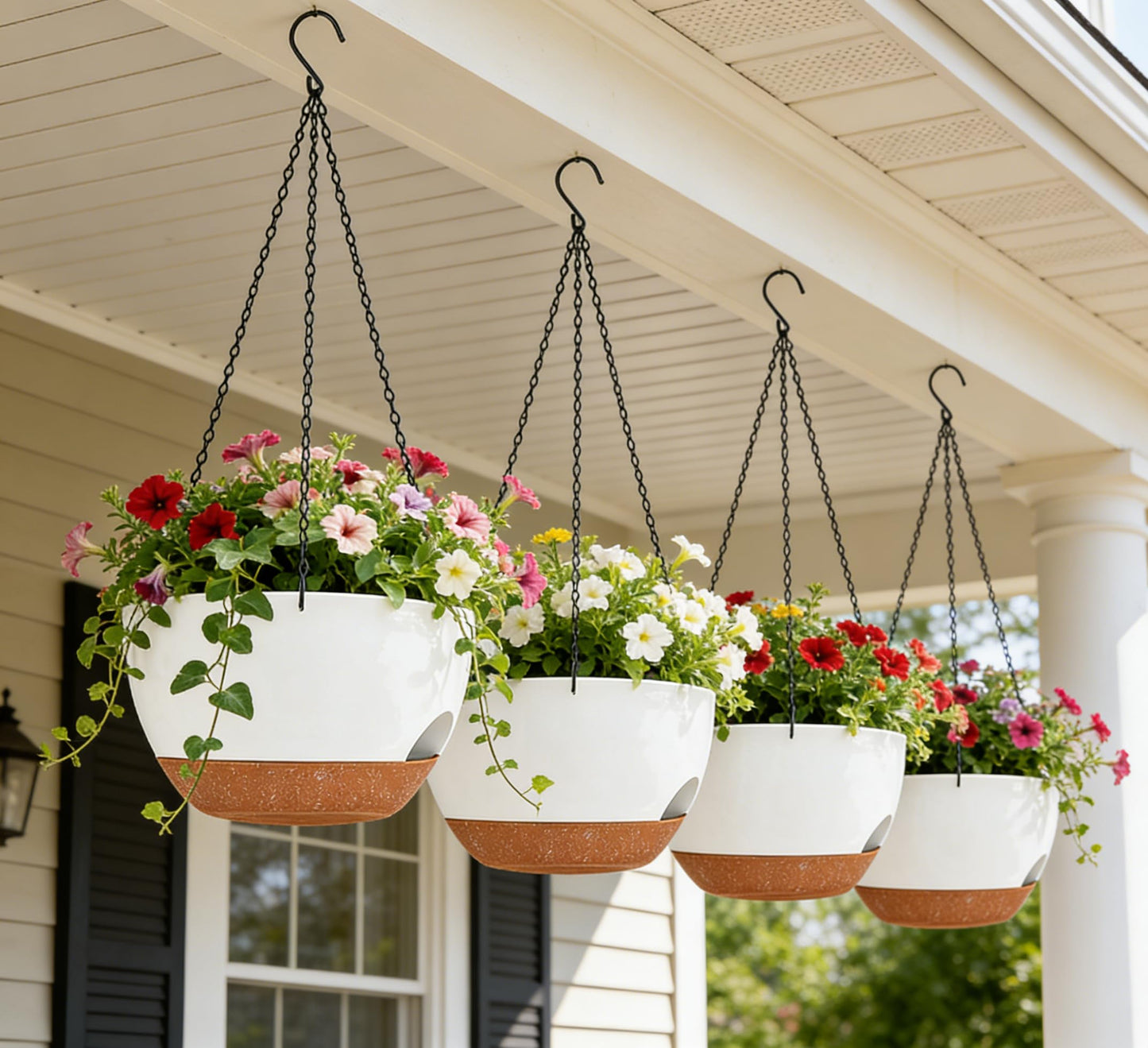 zople Set of 2-8 Inch Self Watering Hanging Planters for Indoor Outdoor，Hanging Plant Pots with Drainage & Removable Tray, Hanging Pots Holder for Ivy, Pothos, Ferns, Balcony & Patio, White Brown
