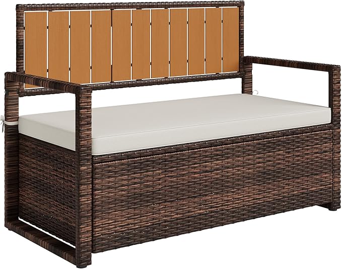 GarveeLife Wicker Storage Bench, Outdoor Rattan Stool