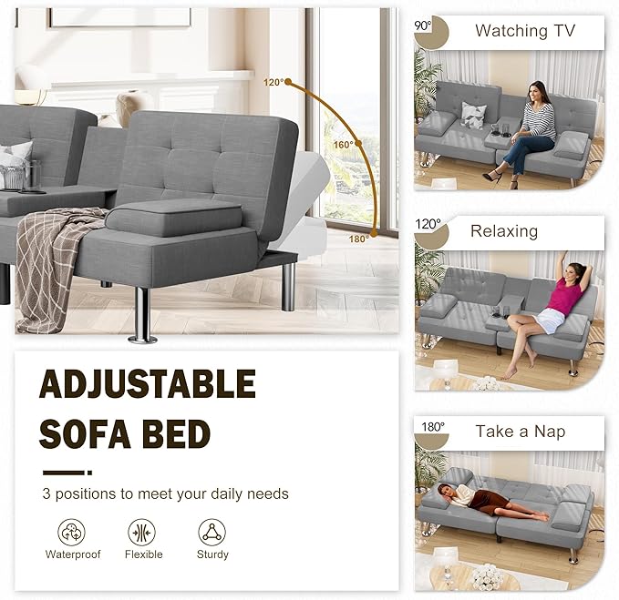 Shahoo Modern Linen Upholstered Convertible Folding Futon Sofa Bed