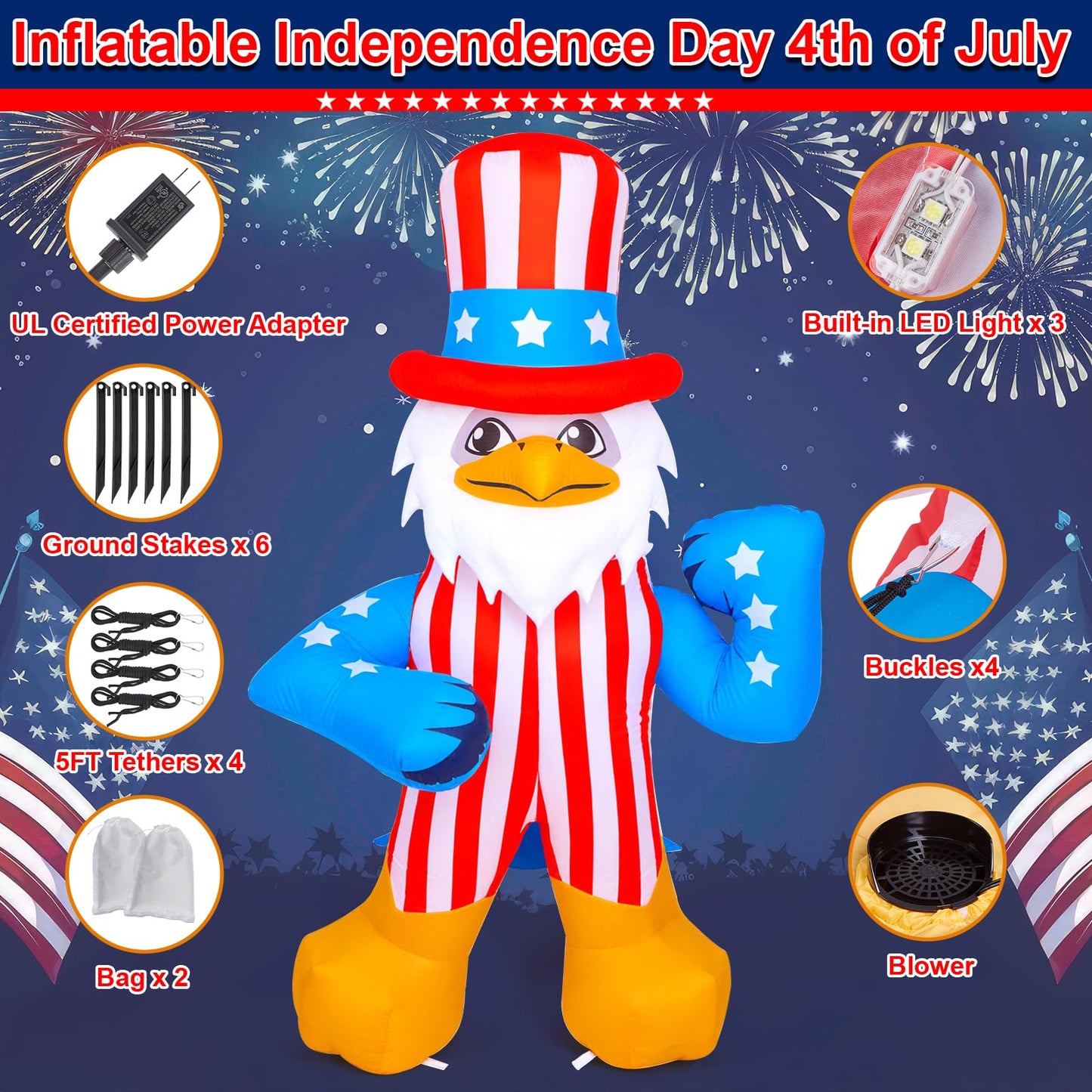 CAMULAND 6.1FT Inflatable American Eagle Patriotic Independence Day 4th of July Inflatable Outdoor Decorations Patriotic Inflatables with LED Lights for Yard Garden Lawn Memorial Day Decor
