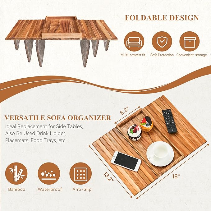 GEHE Acacia Wood Sofa Arm Tray, Foldable Couch Arm Tray Side Table,