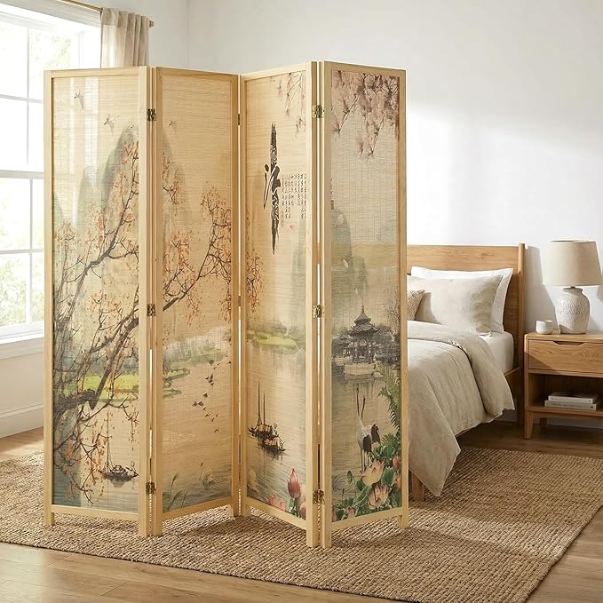 MyGift 4-Panel Folding Bamboo Room Divider Asian-Inspired Cherry Blossom Scene