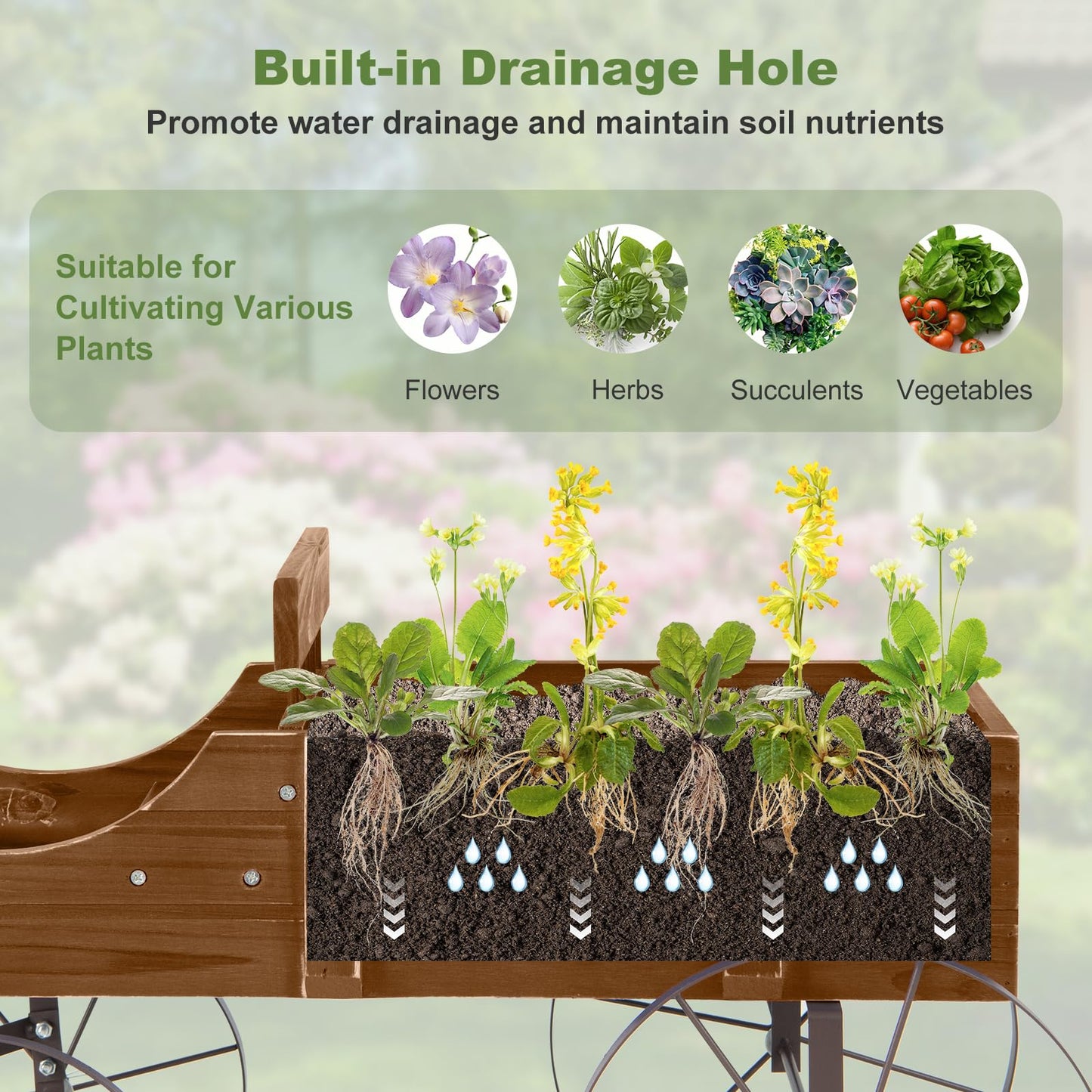 FIREFLOWERY Wooden Wagon Planter, Decorative Flower Pots w/ 2 Planting Sections, Wheels & Handle, Rustic Farmhouse Garden Planter Box for Patio, Yard, Porch (Walnut)