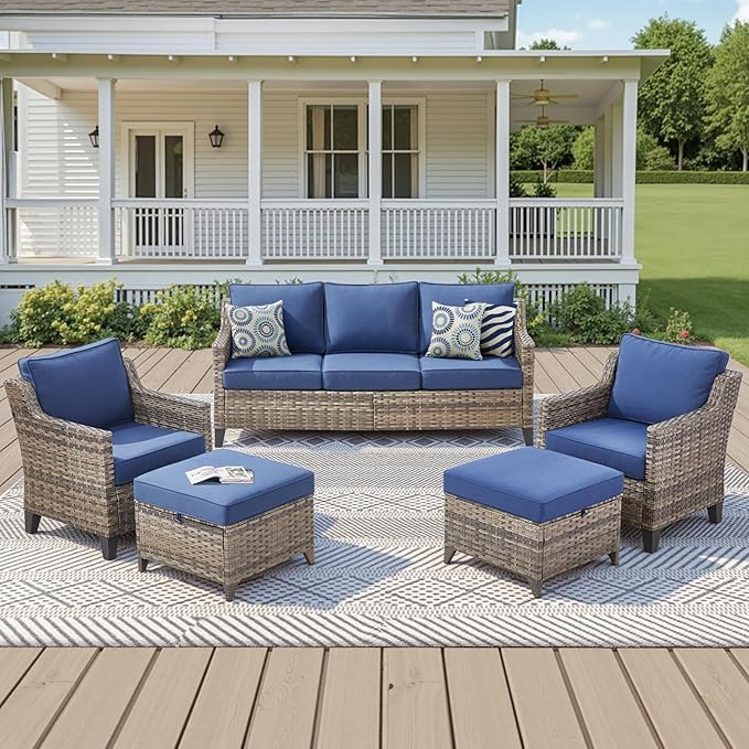 5 Pieces Outdoor Furniture-High Back Outdoor Wicker Couch Patio Chairs Set of 2
