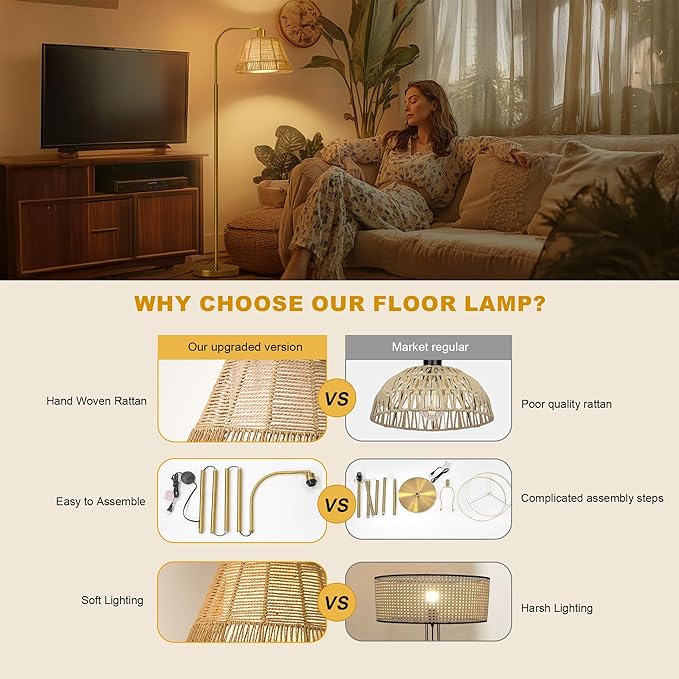 Oneach Arc Floor Lamp for Living Room, Rattan Boho Floor Lamp