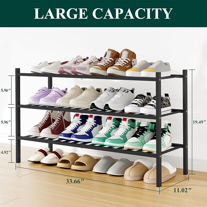Smiry Long Bamboo Shoe Rack, 3 Tier Free Standing Wooden Shoe Organizer, Stackable Wood Shoe Storage Shelf for Closet, Entryway, 12 Vertical Slats, 2+1 Stack Standard Legs, 33.7"x11"x19.5", Black