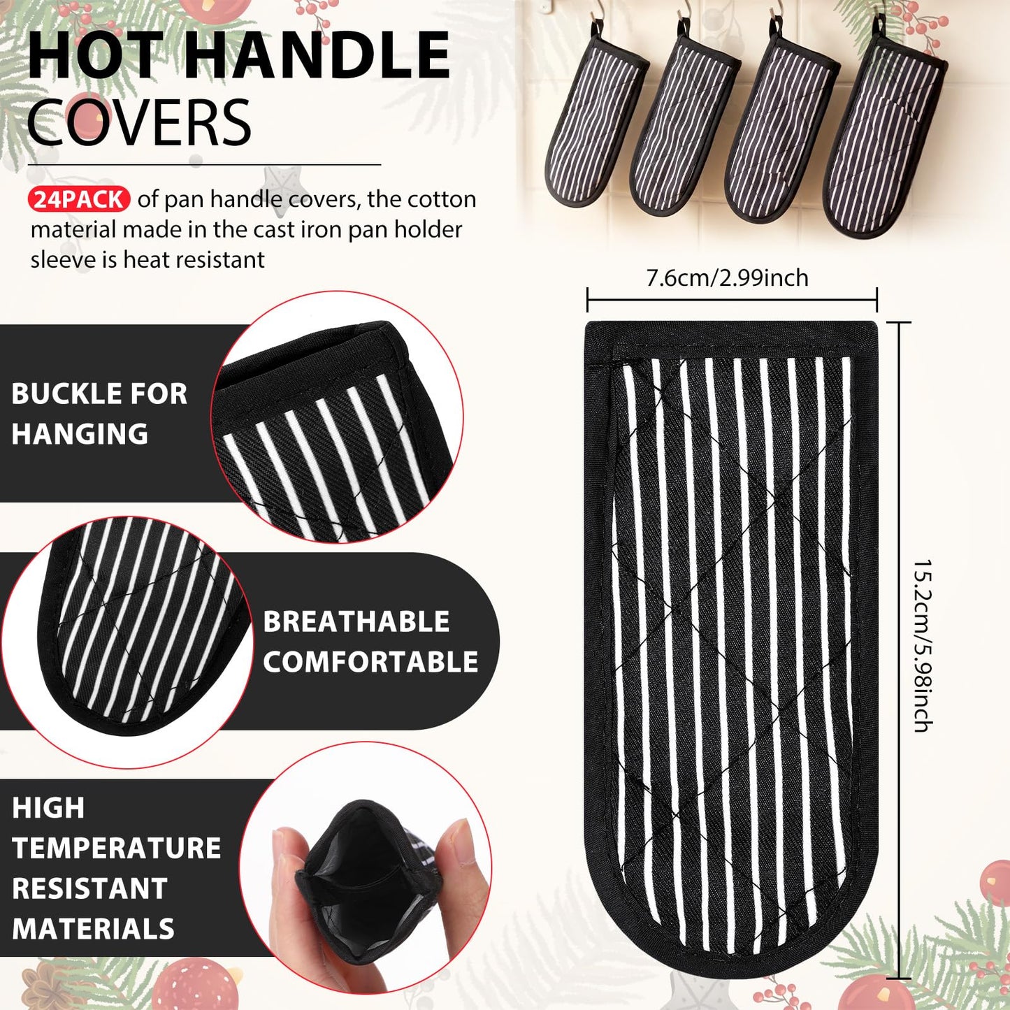 Dandat 24 Set Hot Handle Covers for Daily Replace Use Gift Pan Handle Sleeve Cover Heat Resistant Cast Iron Holder Sleeve Washable Handgrip Mitts for Christmas Kitchen BBQ Baking Cookware(Stripe)