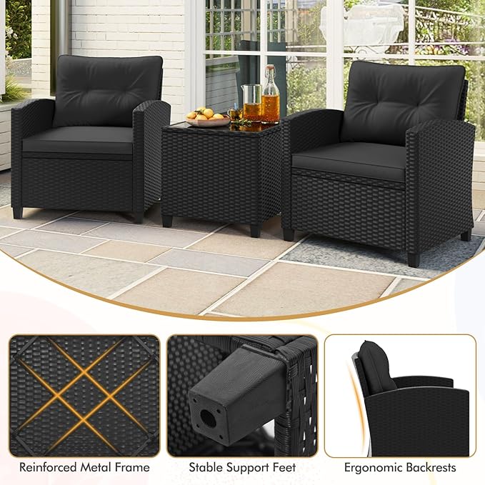 HAPPYGRILL 3 Pieces Wicker Patio Conversation Set, PE Rattan Bistro Sofa Set