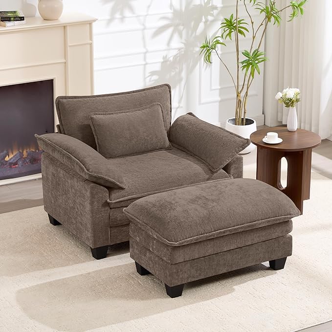 Oversized Accent Chair with Ottoman Set of 2, Upholstered Armchair with Extra