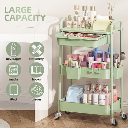 3 Tier Metal Rolling Utility Cart with Drawer & Lockable Wheels - Heavy Duty Multifunctional Storage Organizer with 2 Cups and 4 Hooks for Bathroom, Kitchen, Snack, Craft, Makeup, Baby Essentials