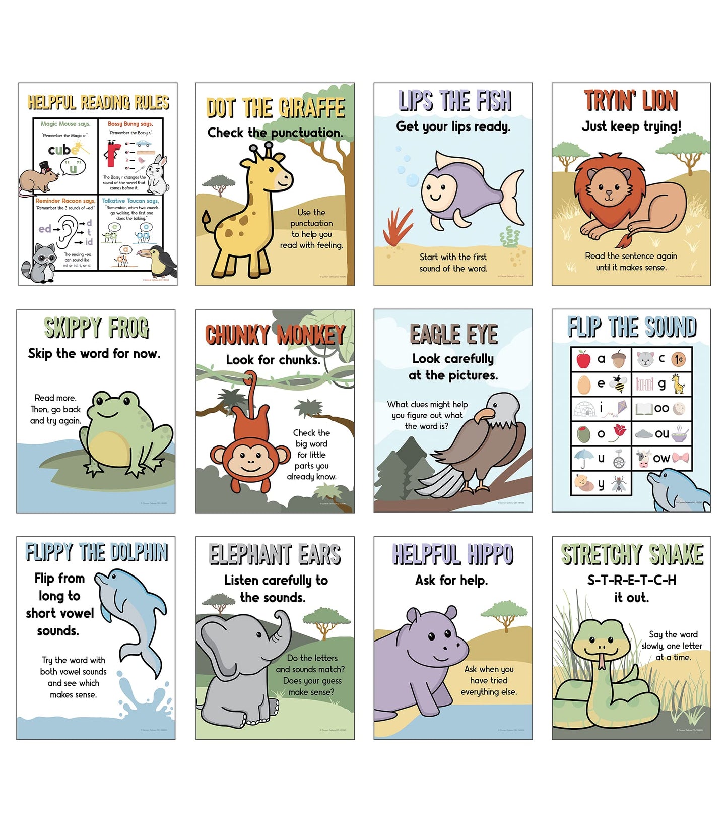 Carson Dellosa 12-Piece Decoding Strategies Posters, 8.5" x 11" Wall Art for Phonics and Writing Practice, English Language Arts Classroom Decor, Office Decorations, and Teacher Supplies