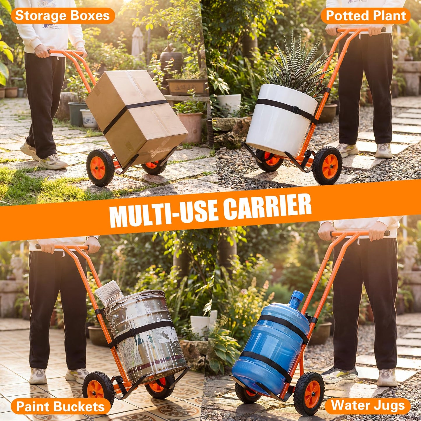 Plant Caddy with Wheels Heavy Duty Plant Dolly Cart with Non-Slip Silicone Grids Adjustable Arm, Straps, Suction Cup, Supports Plants Up to 175 lbs Indoor Outdoor T-Handle Plant Mover for Pots, Orange