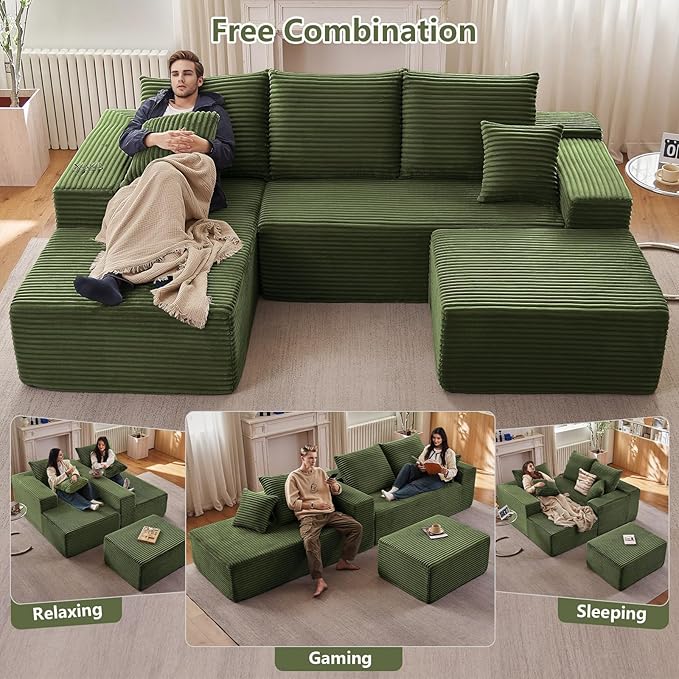 107" Comfy U-Shaped Sectional Modern Boneless Corduroy Couch