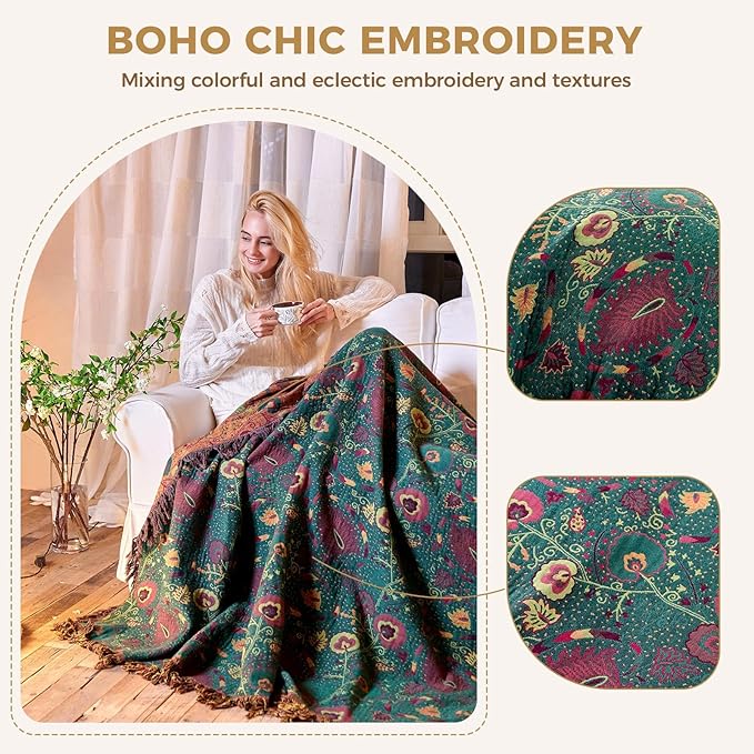 LUTBM Boho Throw Blanket for Bed 100% Cotton Soft Lightweight Quilt Home Decor