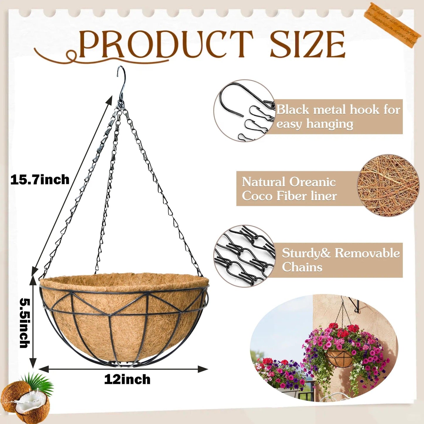 KIDYBELL Hanging Baskets for Outdoor Plants (12 inch 2 Pack) Black Metal Wire Flower Basket Coconut Coir Hanging Planters with Chain Indoor Plant Holder for Patio Garden Balcony