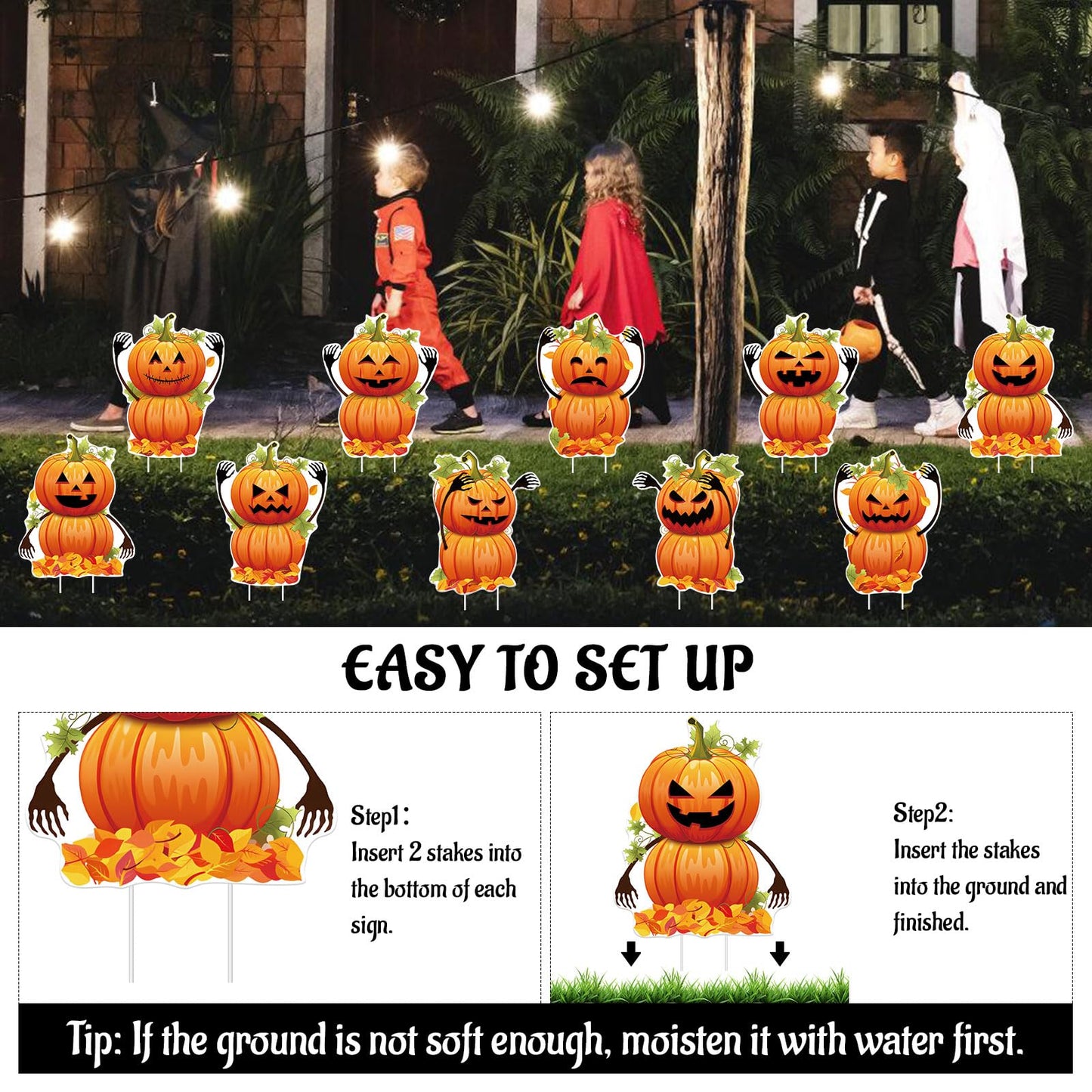 DECEED 10 PCS Halloween Pumpkin Yard Signs with Stakes, Waterproof Pumpkin Ghost Lawn Signs, Trick or Treat Party Garden Outdoor Decorations, 10 Cute Scary Styles