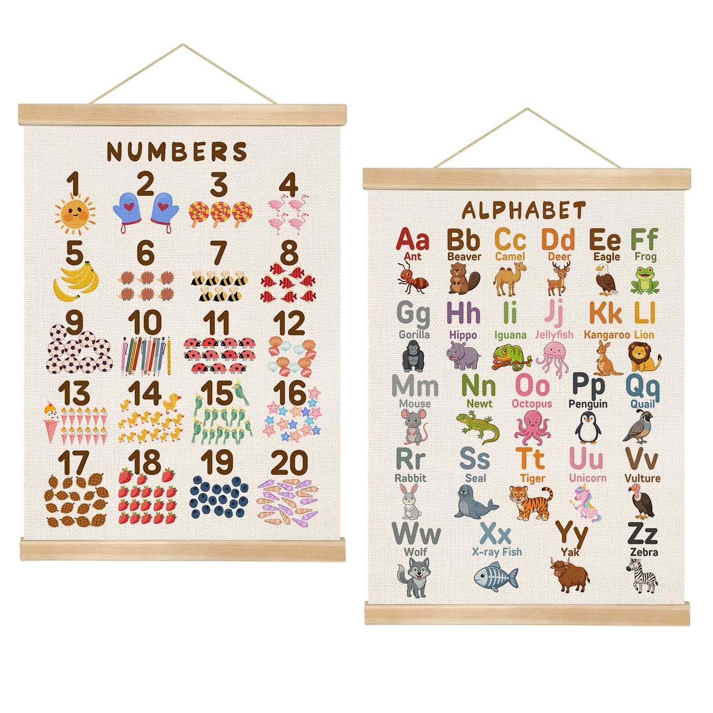 Alphabet and Numbers Chart Poster Set of 2, Alphabet Numbers Wall Art 14x18.5inch,ABC Banner Posters, Banner Wall Hanging Decor for Toddler Room Playroom Nursery Wall Classroom Decor (Sakura Pink ABC&123)