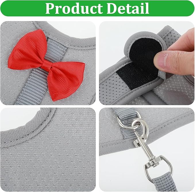 Light Blue Rabbit Harness and Leash Set, with Cute Bow Soft Breathable Mesh Bunny Vest Harness for Rabbits Kitten Ferret Puppy Small Pets Walking, M