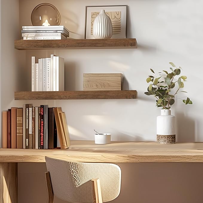 Rustic Brown Floating Shelves for Wall，24in Wall Mounted Display Ledge Shelves