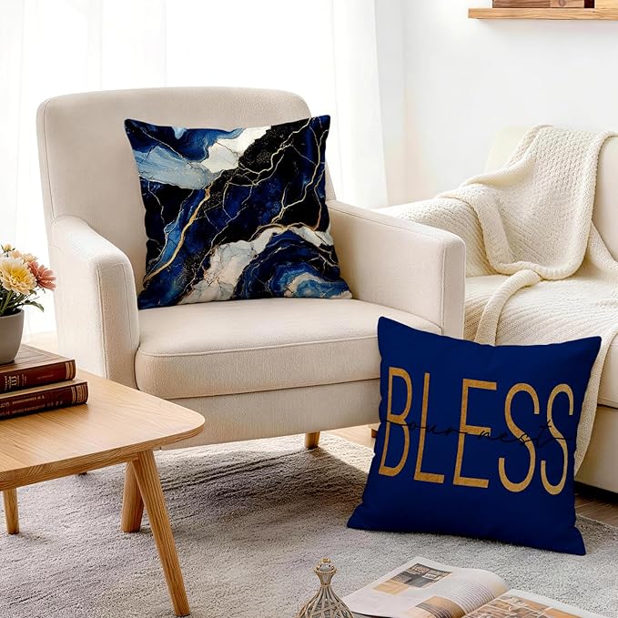 OBSEDE Blue Marble with Faith Quotes Decorative Throw Pillow Covers 18 × 18 in
