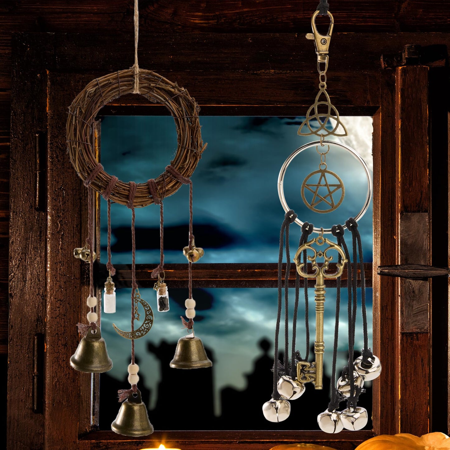 2 Pieces Witch Bells for Door Knob, Witch Wind Chimes Hanger Protection, Witchcraft Supplies Witchy Things, Magic Witching Bell Wreath Decor for Home Door Room (Black-New)