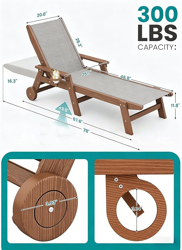 SERWALL Textilene Patio Chaise Lounge Chair, 5 Positions Adjustable Outdoor