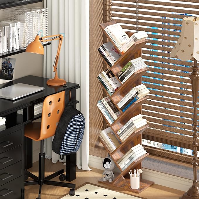SHEEPAM 10 Tier Tree Book Shelf, Floor Standing Wood Bookshelf