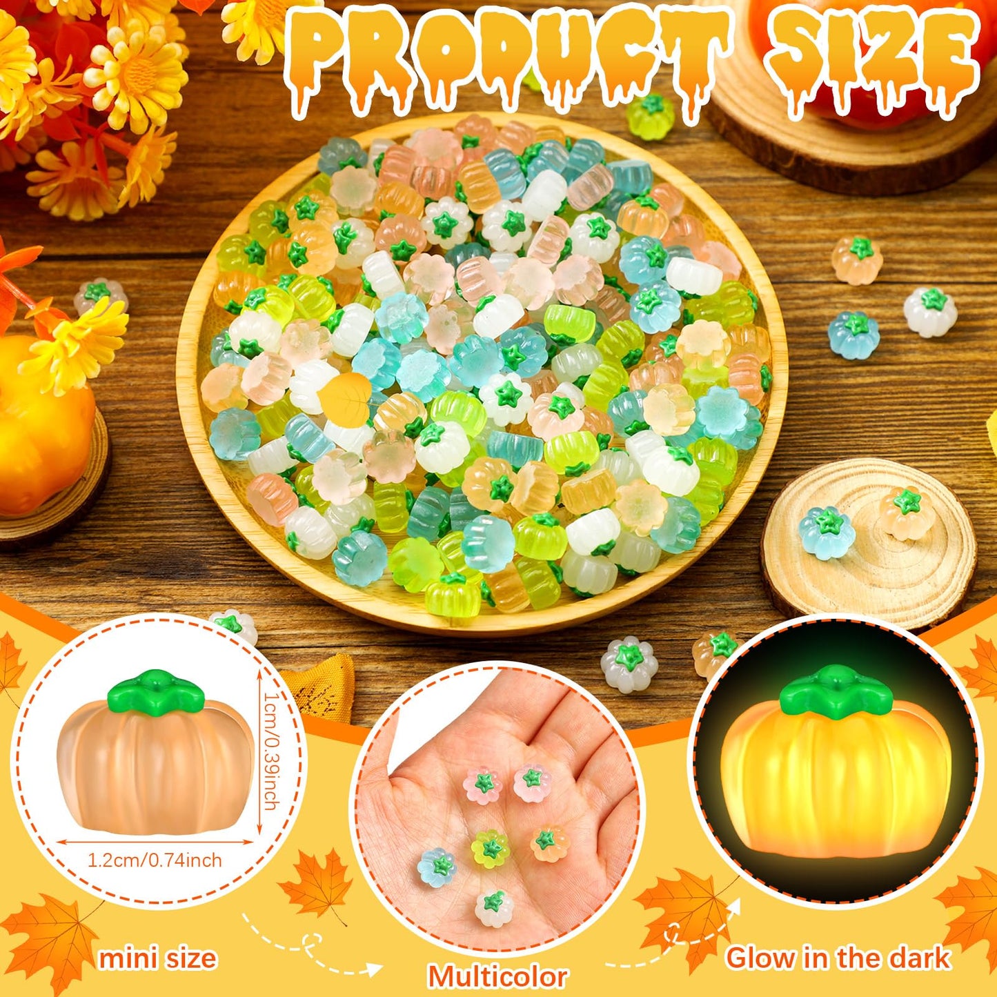 Poen 200 Pcs Fall Luminous Mini Resin Pumpkin Bulk Glow in The Dark Halloween Tiny Pumpkin Halloween Resin Figures for Crafts for Thanksgiving Home Table Dollhouse Garden Autumn Party Decor