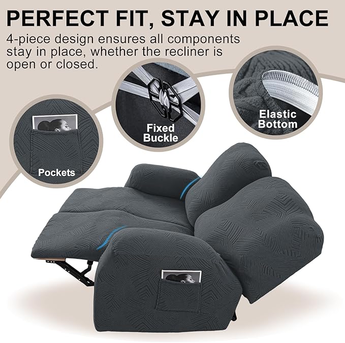 Recliner Loveseat Covers, 4-Piece Stretch Geometric Strokes Jacquard Reclining
