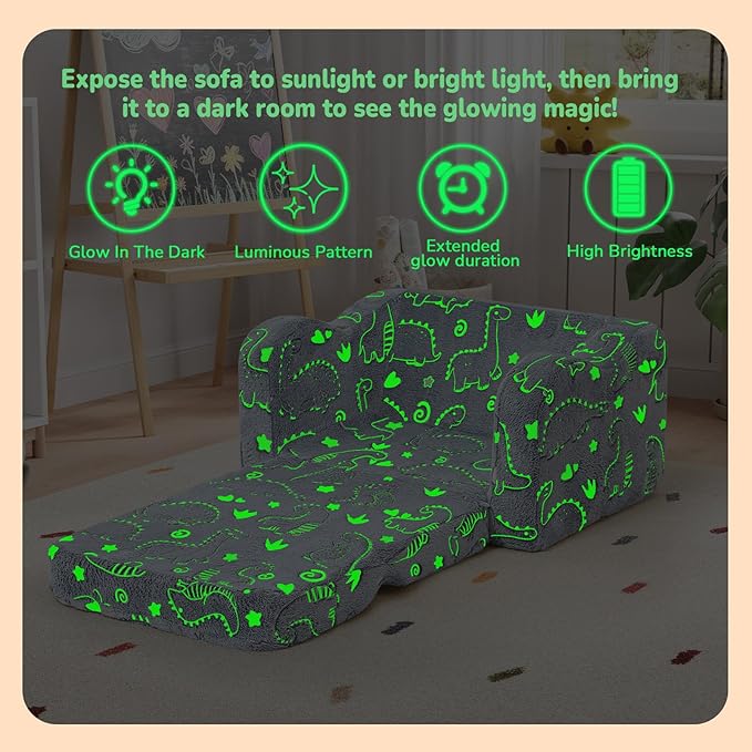 MeMoreCool Glow-in-the-Dark Dinosaur Kids Couch, 2-in-1 Foldable Kids Couch and
