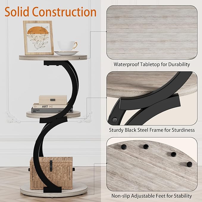 JUSTOGO Small Round Side Table, 3-Tier End Table