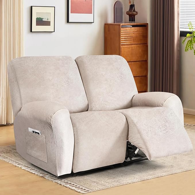 ANARACHON Leather Look Loveseat Recliner Cover, 6-Pieces Stretch Dual Recliner
