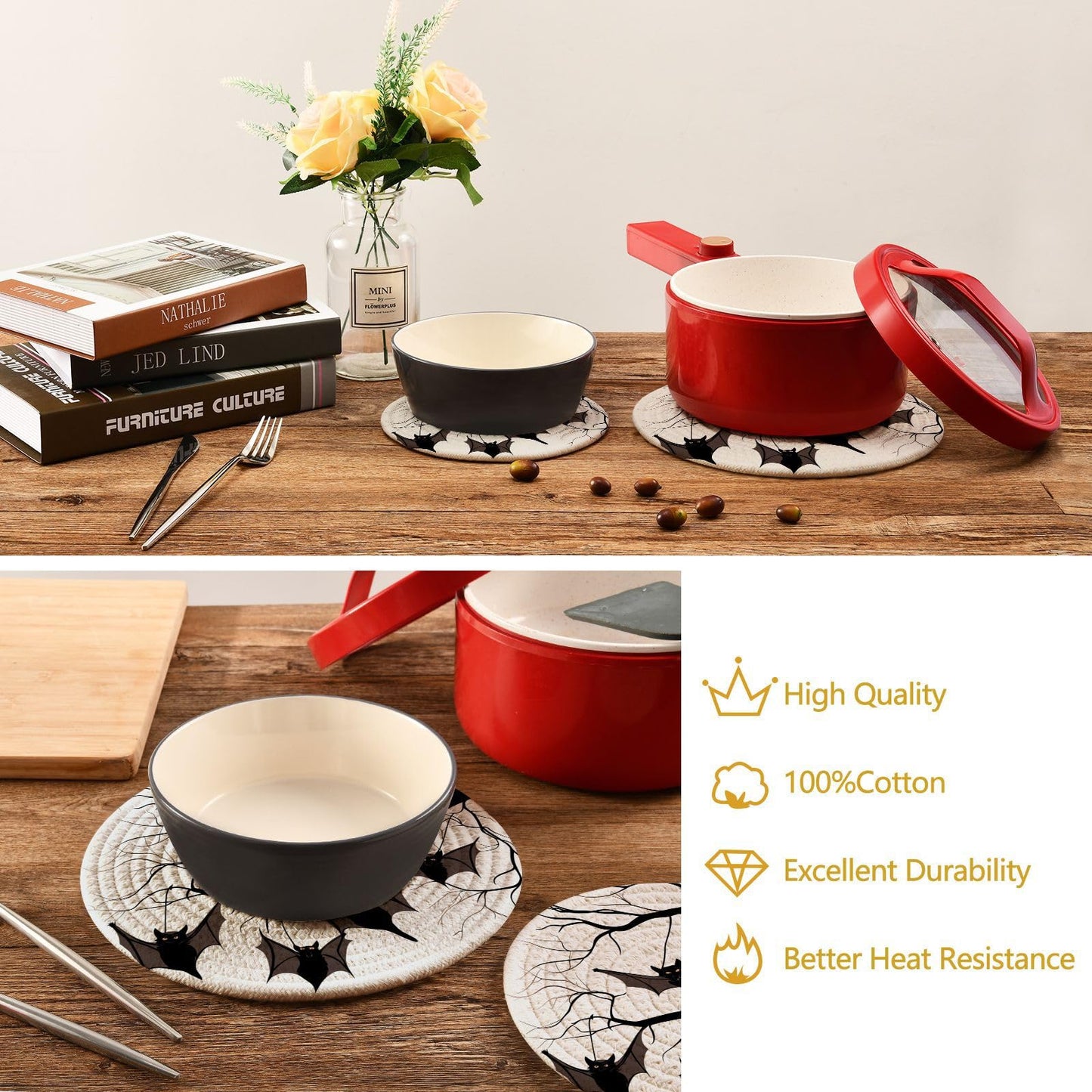 Peystean 2 Pcs Kitchen Decor Woven Potholders Trivets Set, Bats Hanging on Tree Branch Halloween Round Hot Mats Coasters Placemats,for Cooking Baking Hot Dish Pan Pot Bowl Teapot(7"&9")