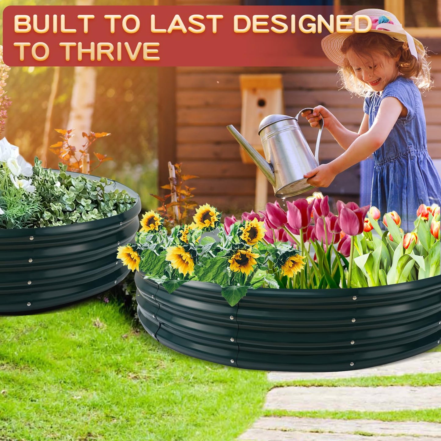 zbzbml Durable Round Steel Raised Garden Bed Painted for Planting Vegetable/Herbs/Flowers/Trees at Backyard/Garden,or Baby Chicken,Christmas Tree Fence (Dark Green, 47 in Diameter x 12 in high)