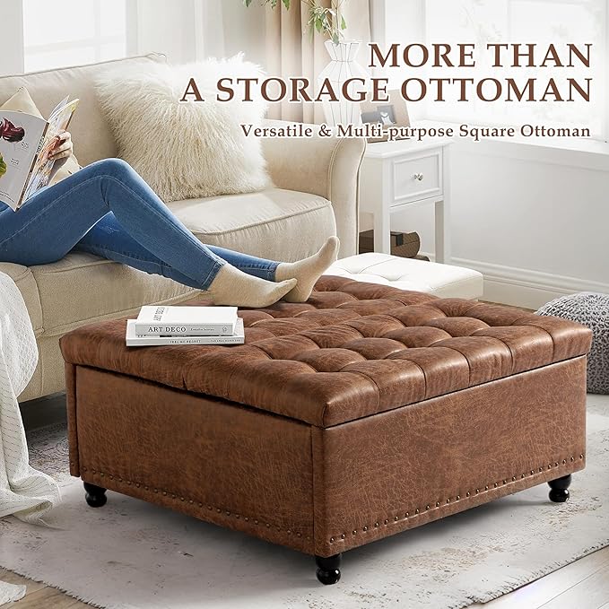 36" Large Square Ottoman with Storage, Tufted Upholstered Storage Ottoman with