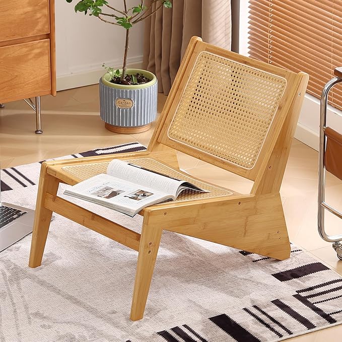 Welnow Mid Century Rattan Accent Chair, Bamboo Wood Lounge Chair