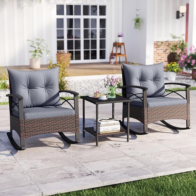 Tangkula 3 Pieces Outdoor Rocking Chairs Set, Rattan Heavy Duty Cushioned