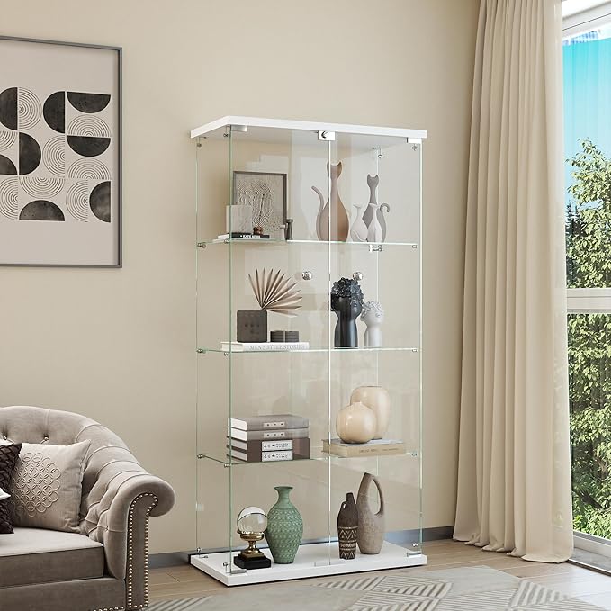 Display Cabinet with Glass Door and Lock, 4-Shelf Curio Cabinets with 5mm