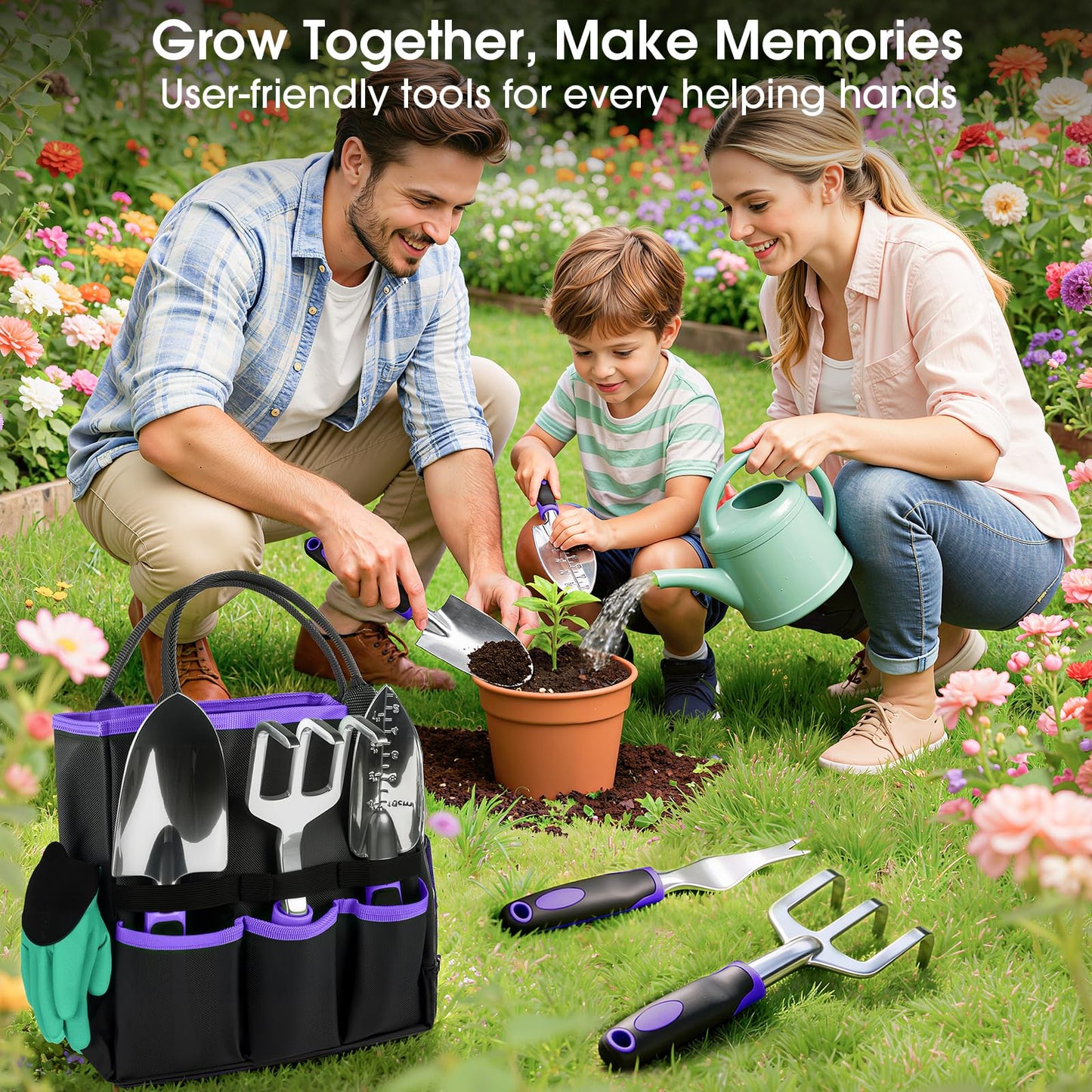 WOWBOX Garden Tools Set - 10 PCS, Heavy Duty Gardening Hand Tools Kit with Storage Tote, Rust-Resistant Gardening Supplies for Planting with Non-Slip Ergonomic Handle for Women and Men (Purple)