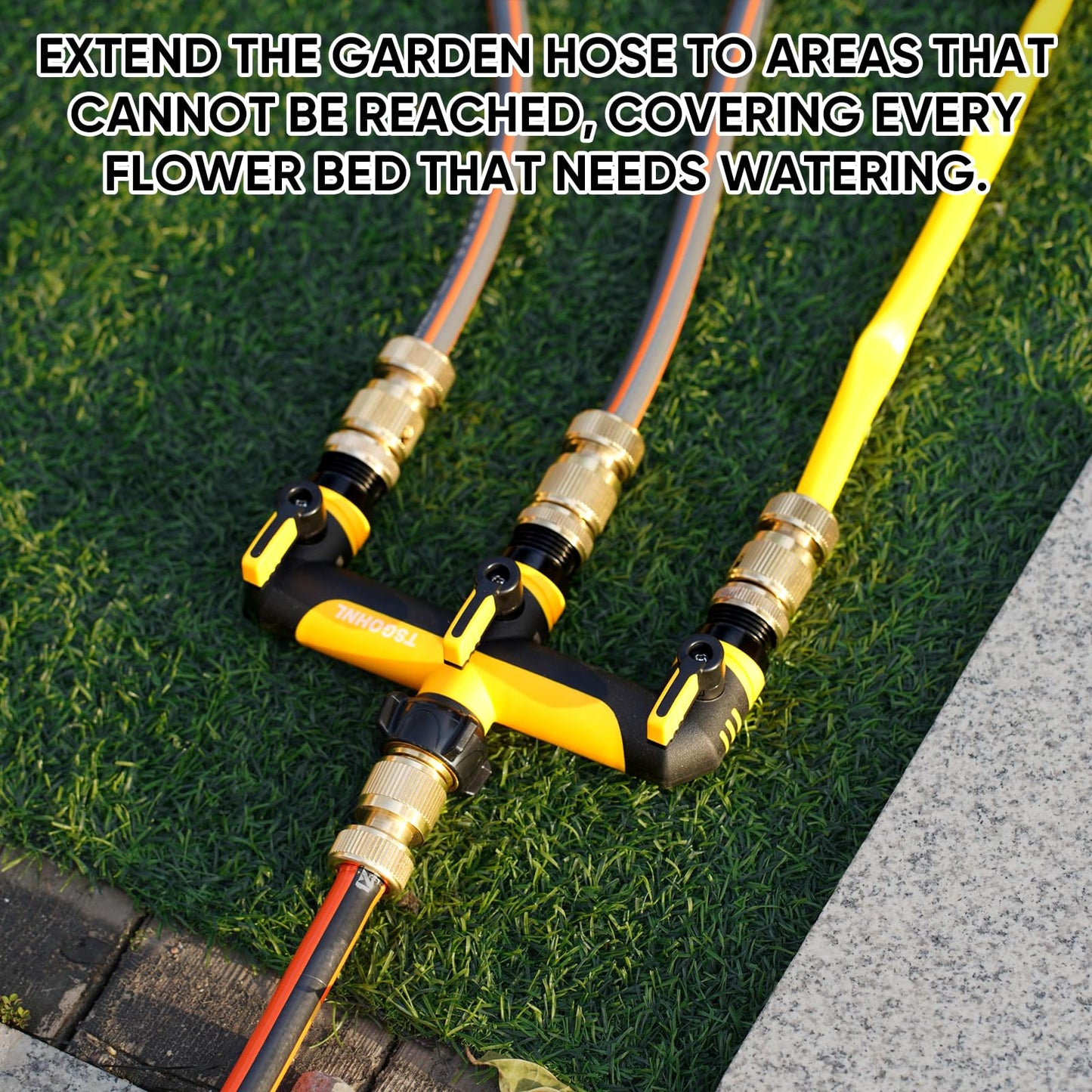 3/4-Inch Garden Hose Splitter, Outdoor Faucet Adapter, Patio Hydrant Manifold - Designed for Multiple Irrigation System Sprinkler Timers, 3-Way Hose Bib Valve-Yellow